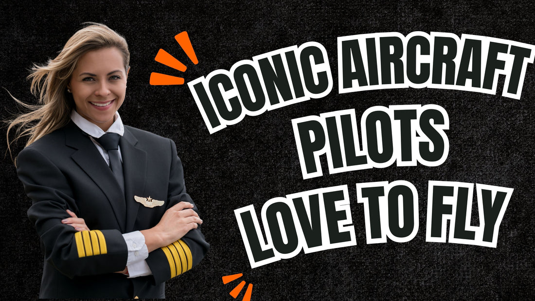 A smiling female pilot in uniform with captain stripes, standing confidently with arms crossed. Bold text reads 'Iconic Aircraft Pilots Love to Fly' on a textured black background with orange graphic accents.