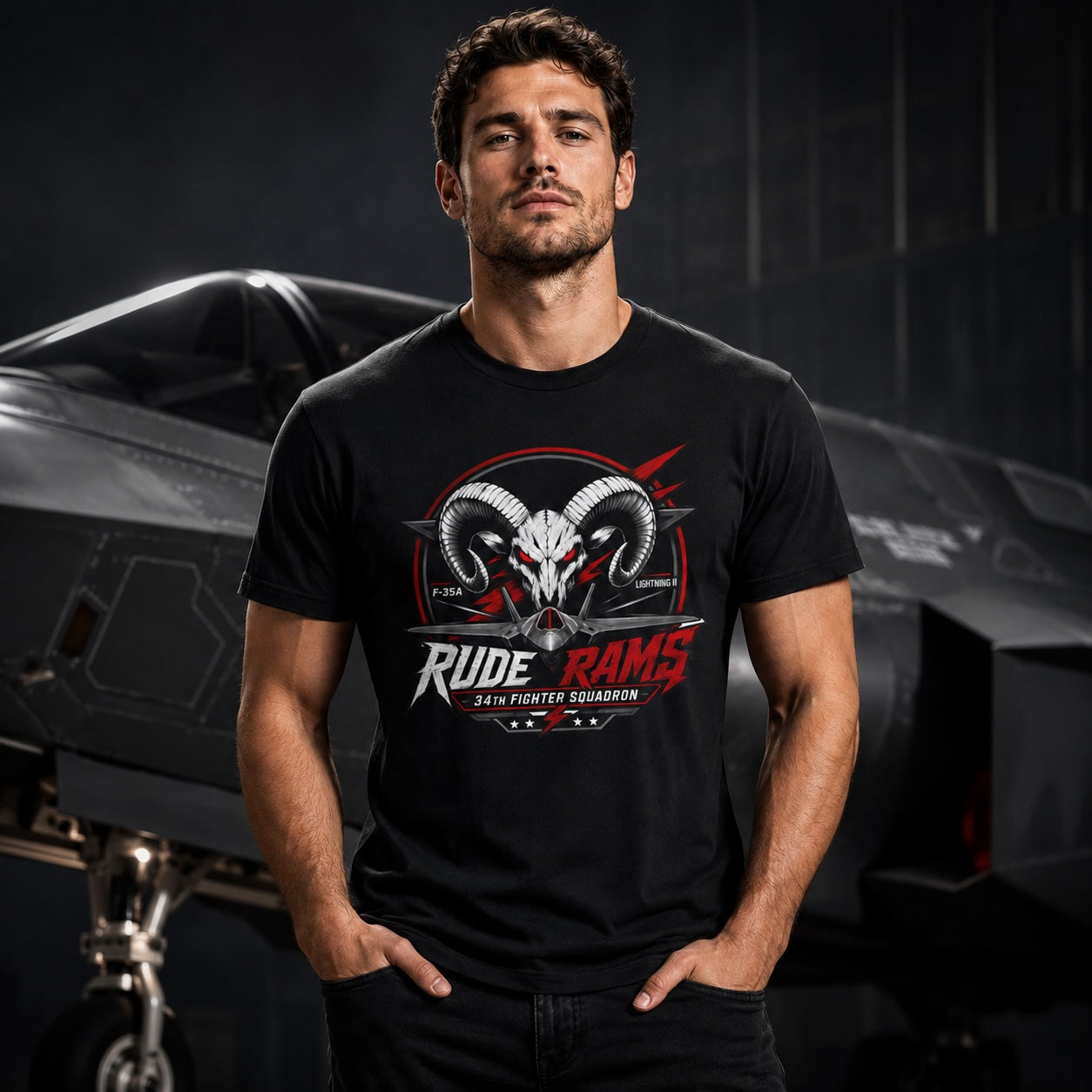 Rude Rams Fighter Squadron T-Shirt — Ram Skull & F-35A Lightning Jet Design Printify