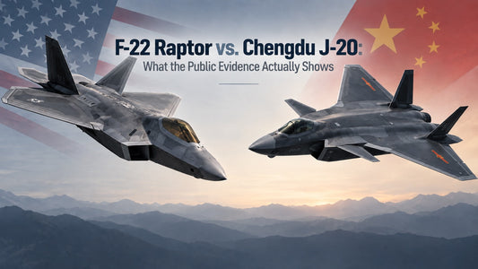 F-22 Raptor and Chengdu J-20 stealth fighters shown side by side against US and Chinese flags