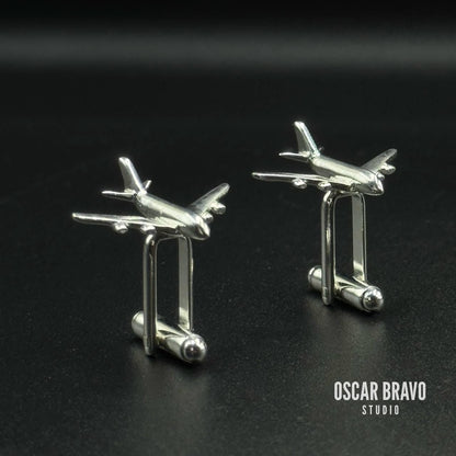 Silver Four Engine Airliner Cufflinks – Handmade Airplane Cuff Links for Pilots & Aviation Enthusiasts OSCAR BRAVO STUDIO