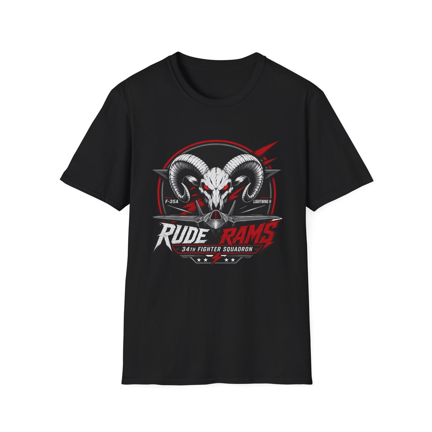 Rude Rams Fighter Squadron T-Shirt — Ram Skull & F-35A Lightning Jet Design Printify