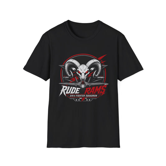 Rude Rams Fighter Squadron T-Shirt — Ram Skull & F-35A Lightning Jet Design Printify