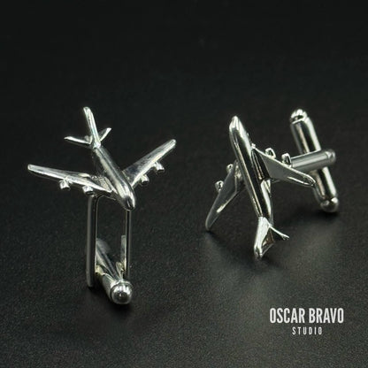 Silver Four Engine Airliner Cufflinks – Handmade Airplane Cuff Links for Pilots & Aviation Enthusiasts OSCAR BRAVO STUDIO