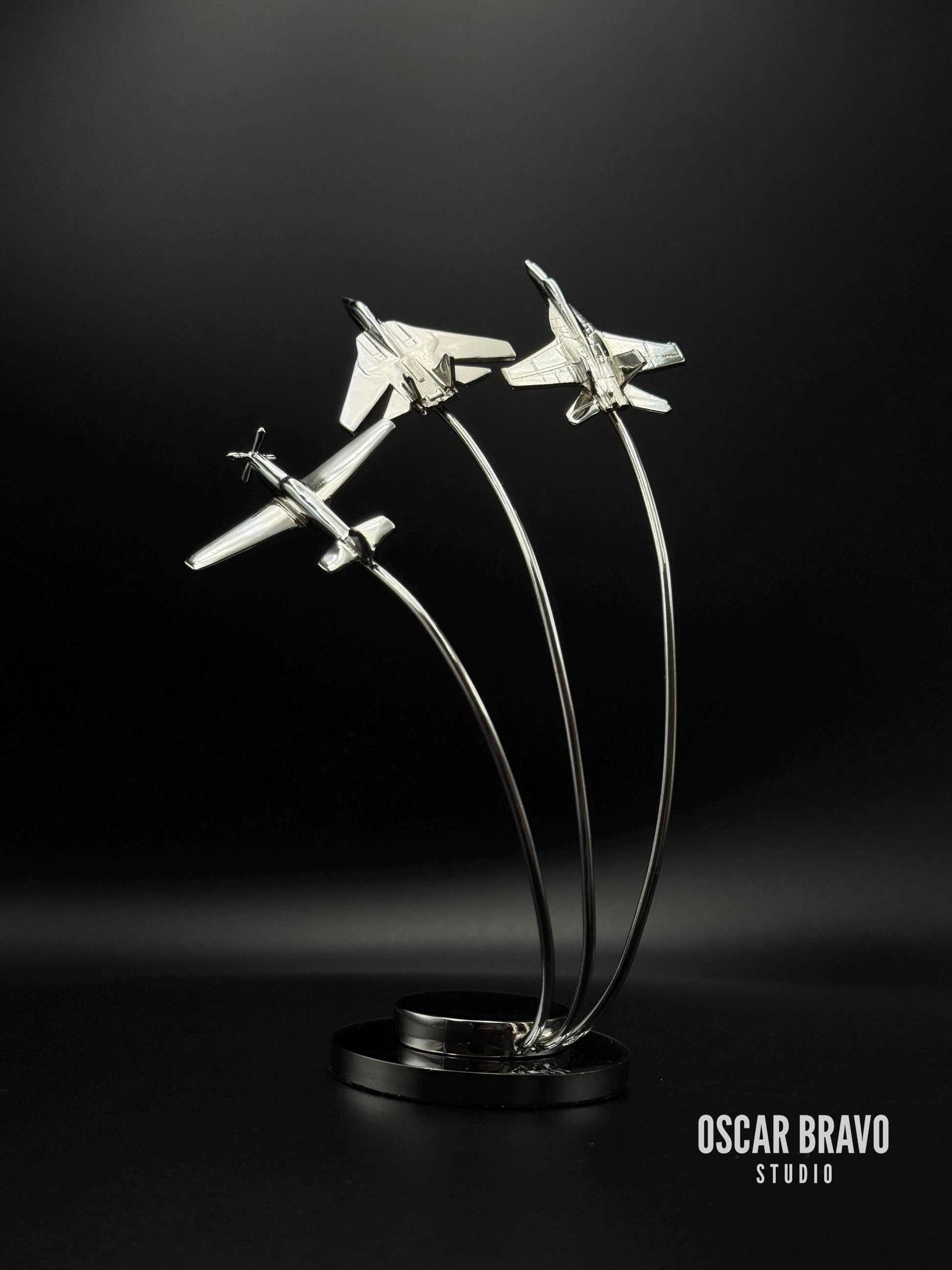 Maverick Edition Chrome Fighter Jet Formation | P-51 Mustang, F-14, F-18 Display OSCAR BRAVO STUDIO