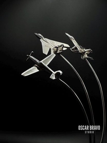 Maverick Edition Chrome Fighter Jet Formation | P-51 Mustang, F-14, F-18 Display OSCAR BRAVO STUDIO