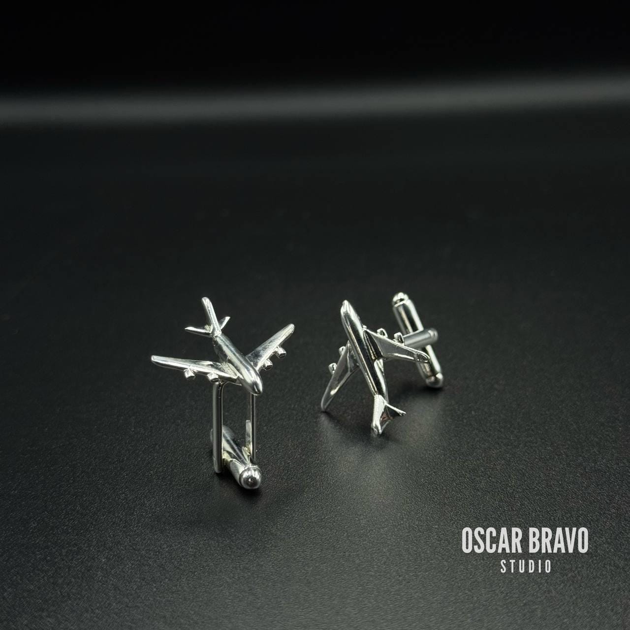 Silver Four Engine Airliner Cufflinks – Handmade Airplane Cuff Links for Pilots & Aviation Enthusiasts OSCAR BRAVO STUDIO