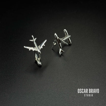Silver Four Engine Airliner Cufflinks – Handmade Airplane Cuff Links for Pilots & Aviation Enthusiasts OSCAR BRAVO STUDIO
