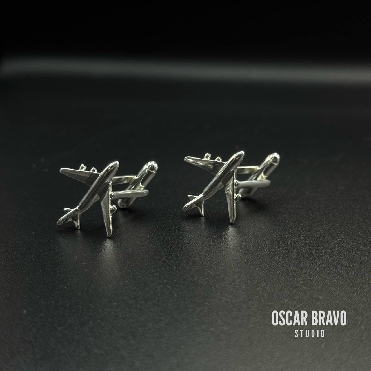 Silver Four Engine Airliner Cufflinks – Handmade Airplane Cuff Links for Pilots & Aviation Enthusiasts OSCAR BRAVO STUDIO