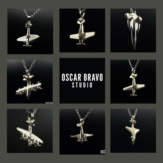 Silver Military Aircraft Necklace – SR71, Harrier, P51 Mustang, T6 Texan, B17, C130 – Aviation Jewelry for Pilots & Veterans OSCAR BRAVO STUDIO