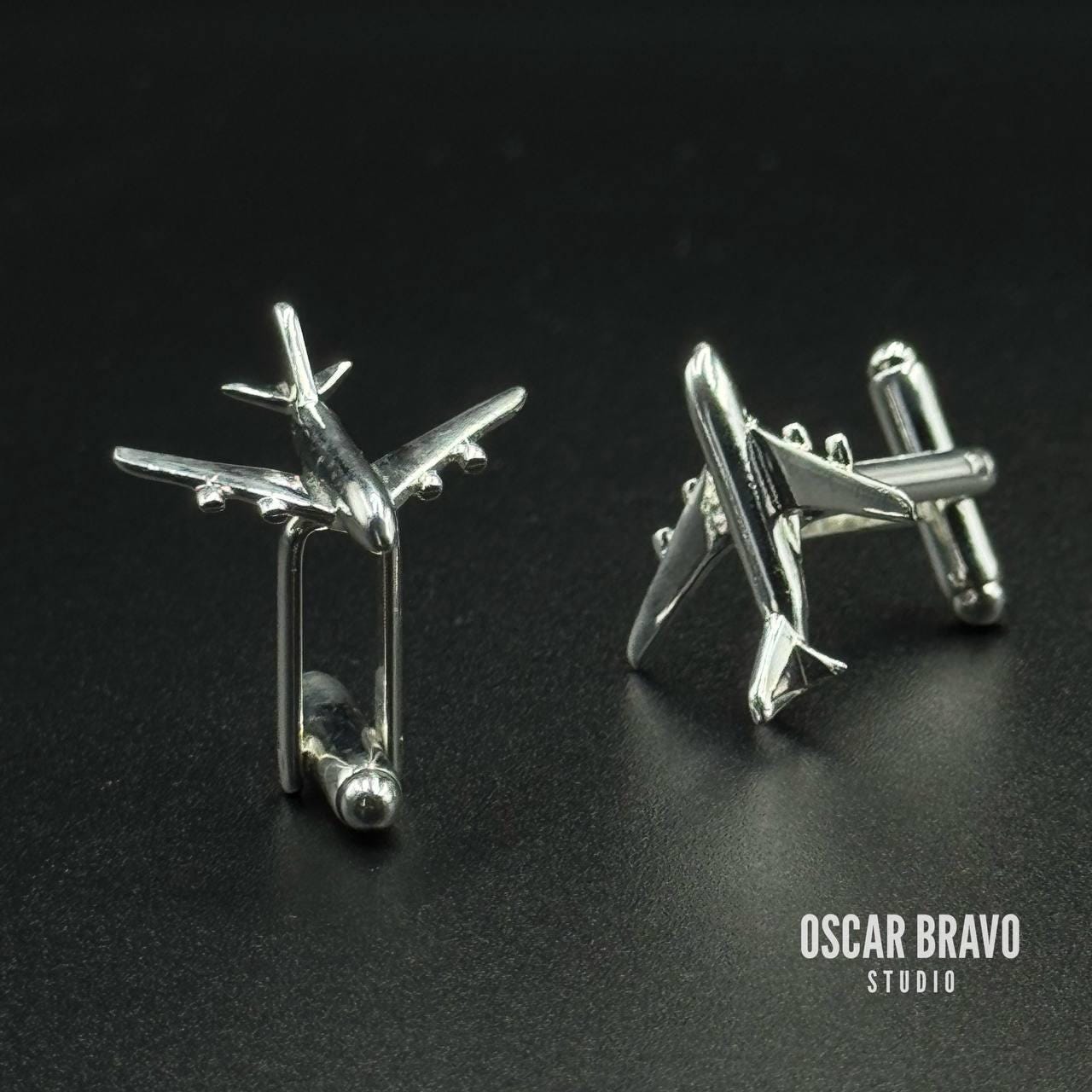 Silver Four Engine Airliner Cufflinks – Handmade Airplane Cuff Links for Pilots & Aviation Enthusiasts OSCAR BRAVO STUDIO