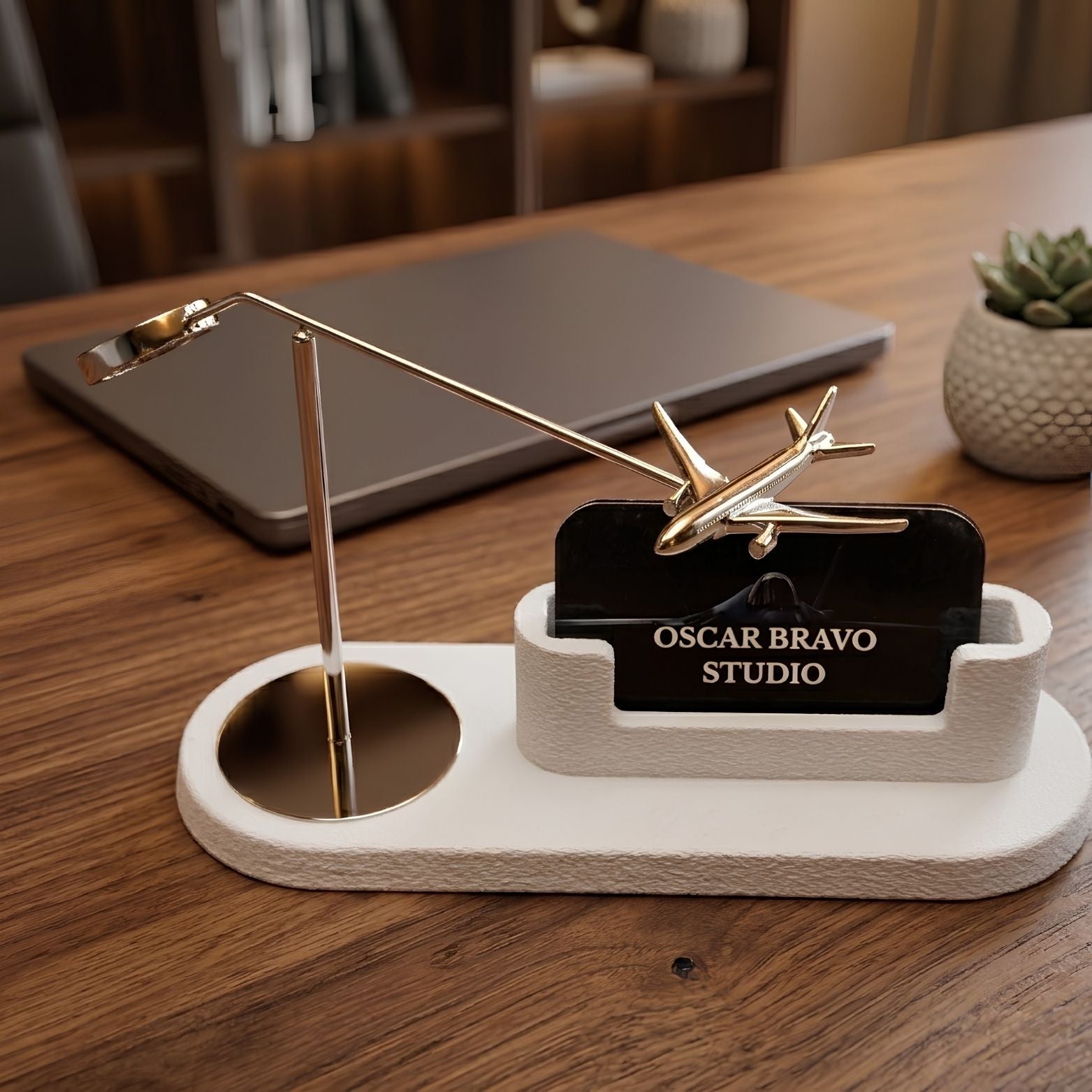 Kinetic Airplane Business Card Holder, Twin-Engine or Four-Engine Passenger Jet Desk Decor OSCAR BRAVO STUDIO