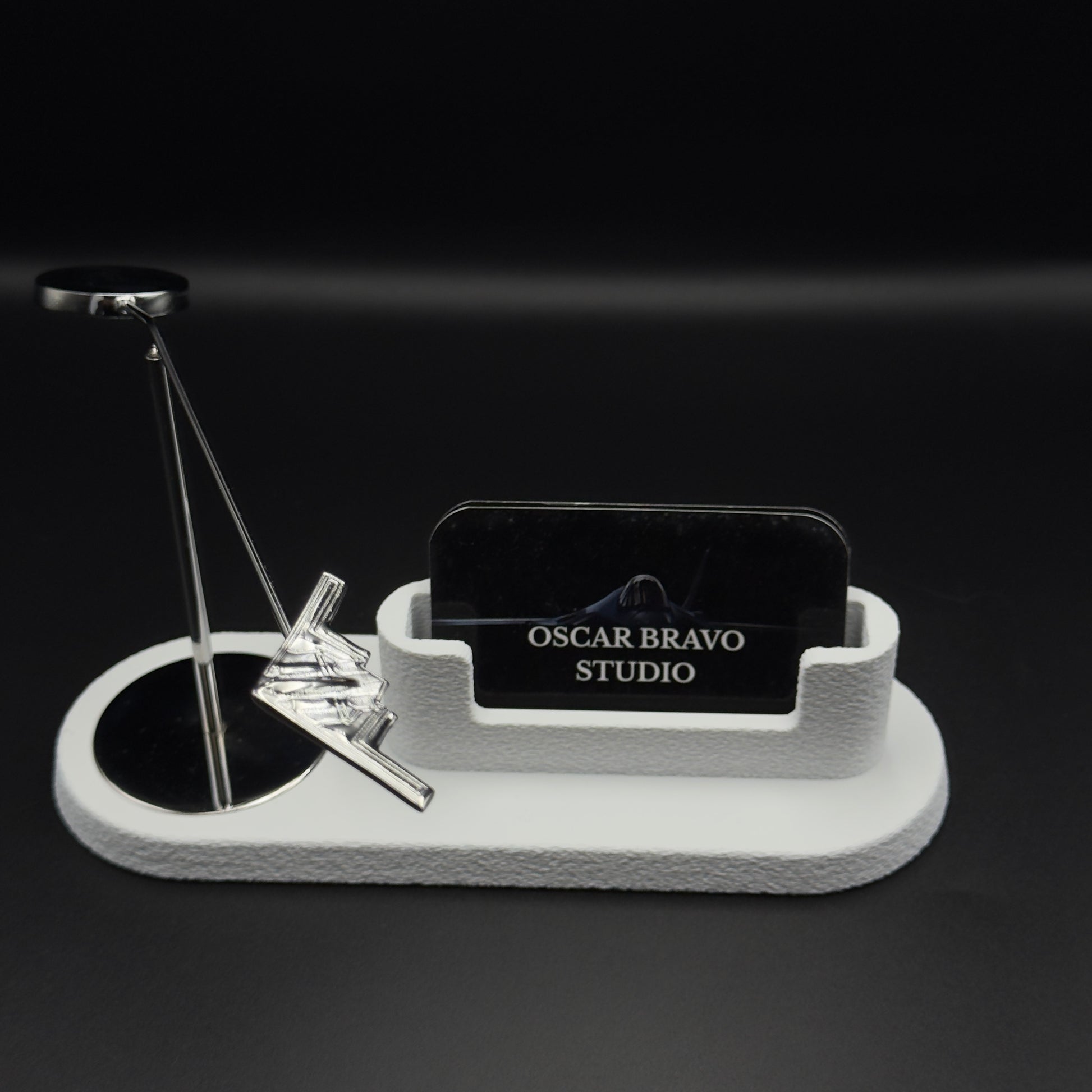 Kinetic B-2 Spirit Business Card Holder, Chrome-Plated Brass Stealth Bomber Desk Decor OSCAR BRAVO STUDIO