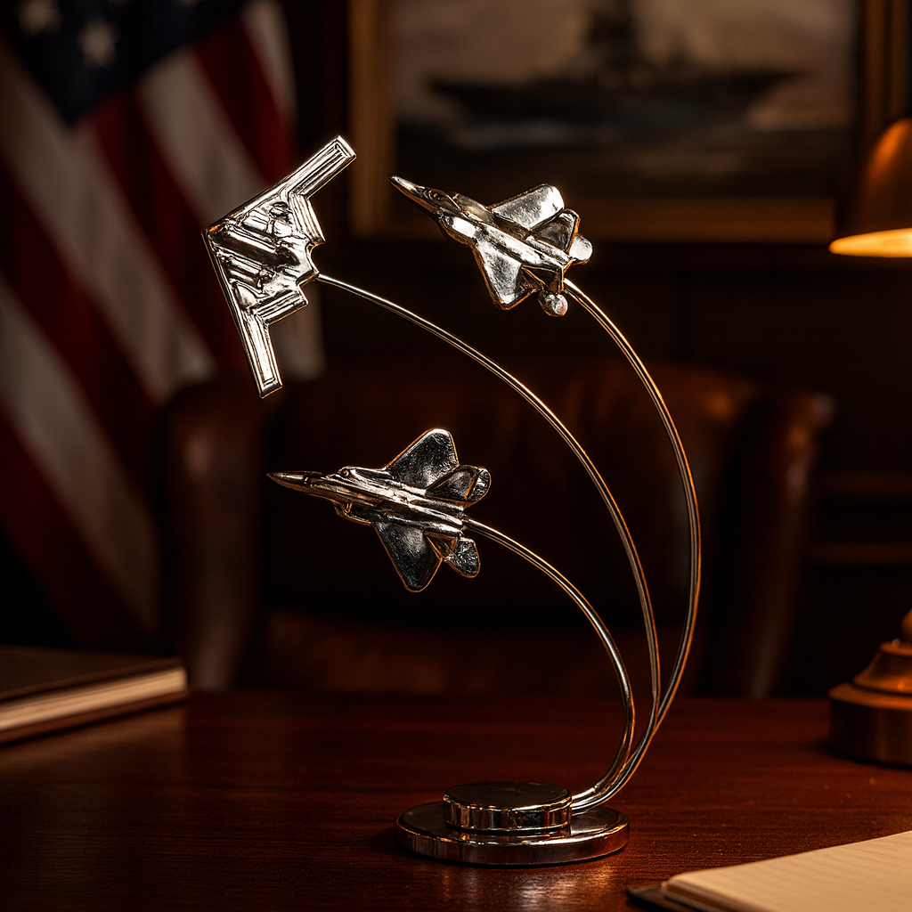 Premium handcrafted brass aircraft model with a B2 bomber and two fighter jets, displayed on a pilot’s desk alongside maps, notebooks, and aviation gear, adding a striking aviation touch to the workspace.