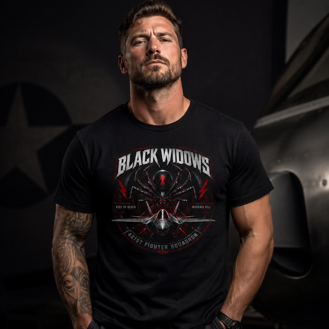 Black Widows "Kiss of Death" Fighter Squadron T-Shirt OSCAR BRAVO STUDIO