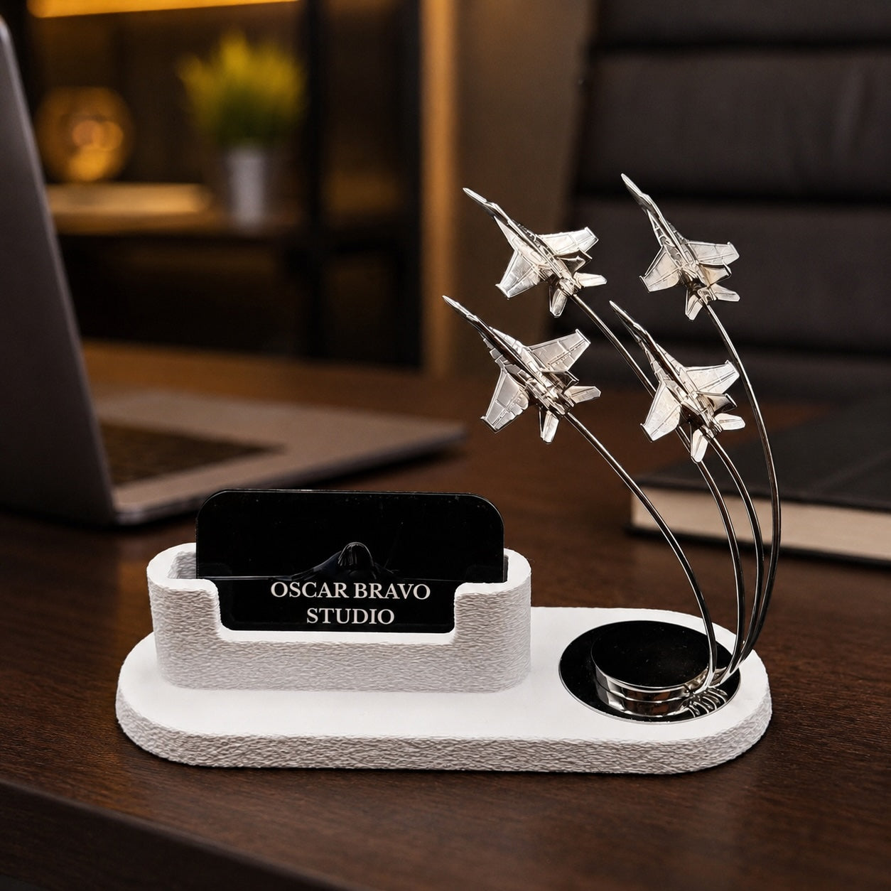 F-18 Blue Angels Diamond Formation Business Card Holder, Chrome Aviation Desk Decor OSCAR BRAVO STUDIO