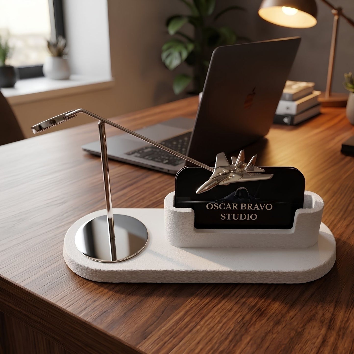 F-14 Tomcat Kinetic Business Card Holder | Chrome Airplane Desk Decor, Pilot Gift OSCAR BRAVO STUDIO