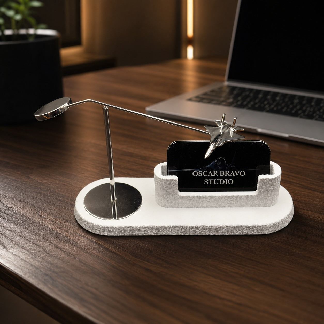 F-15 Eagle Kinetic Business Card Holder, Chrome Fighter Jet Desk Decor, Pilot Gift OSCAR BRAVO STUDIO