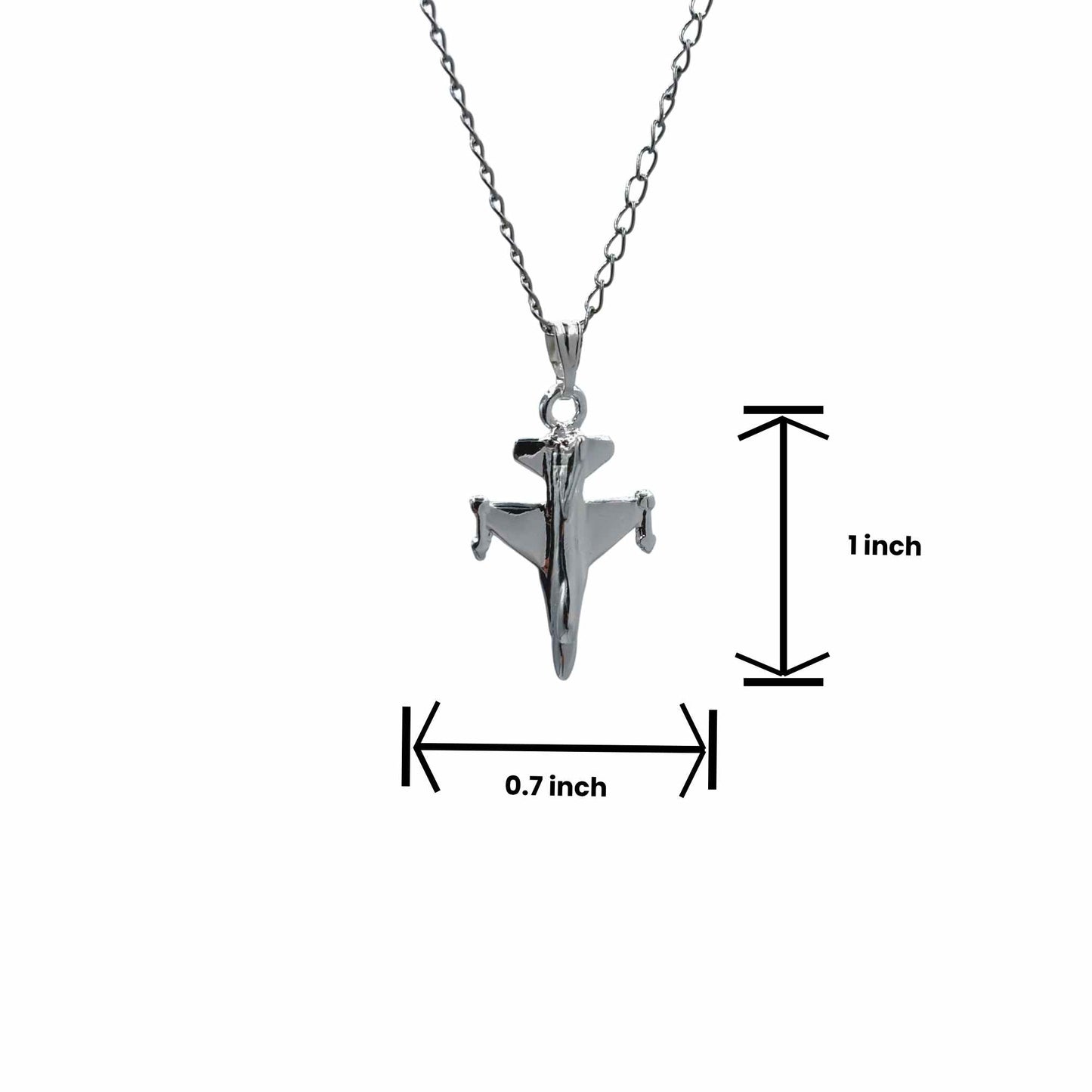 Silver airplane pendant necklace with measurements on a white background