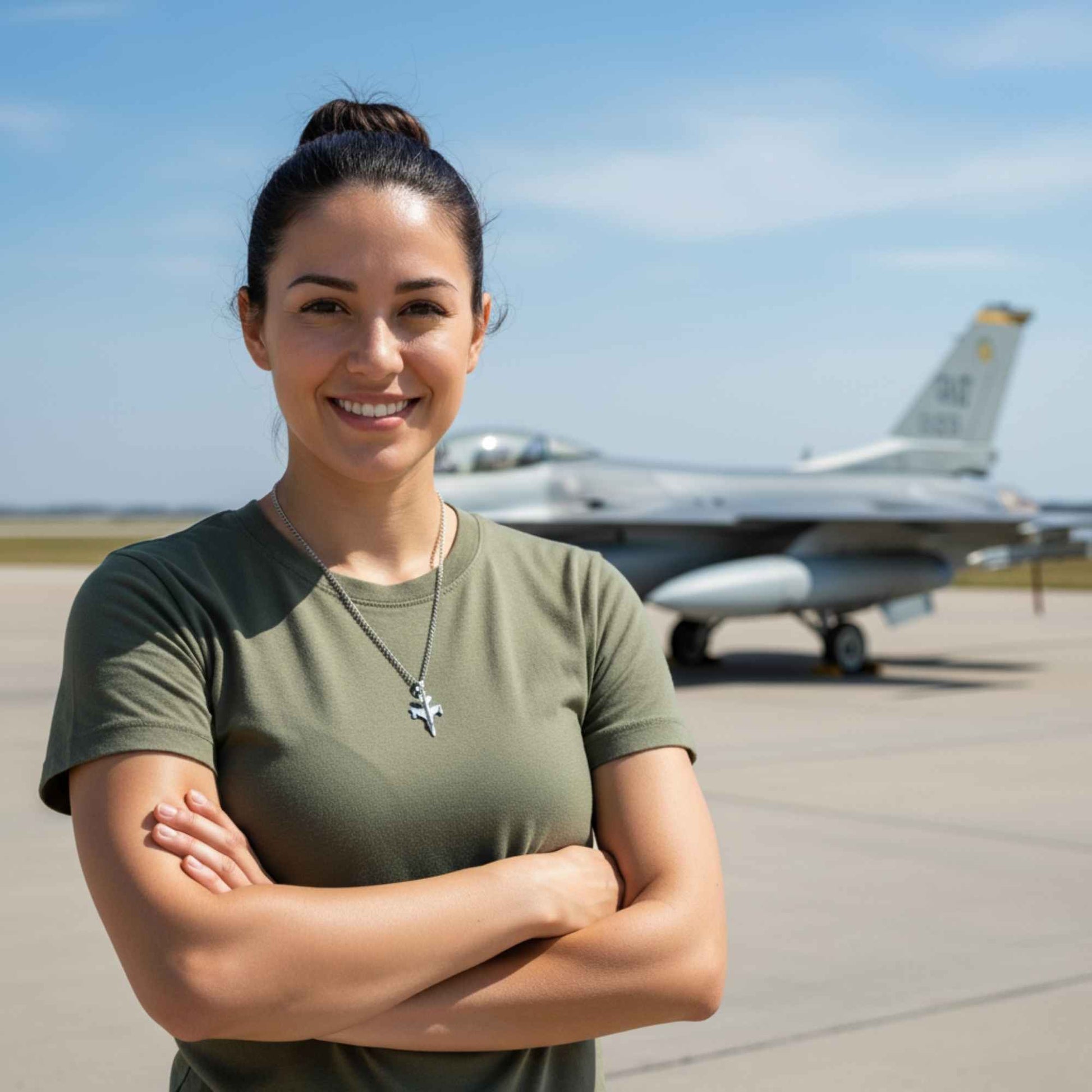 Woman standing with arms crossed in front of a fighter jet on an airfield