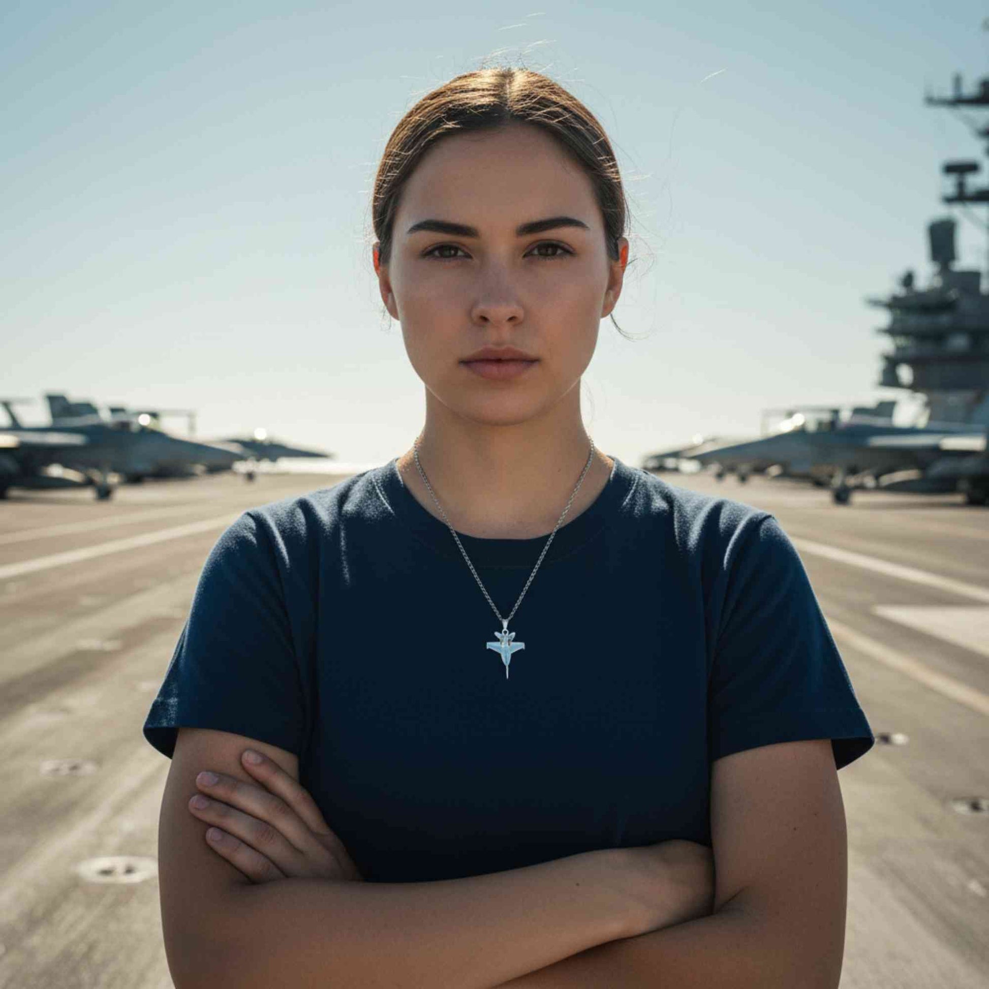 Woman standing on an aircraft carrier with planes in the background