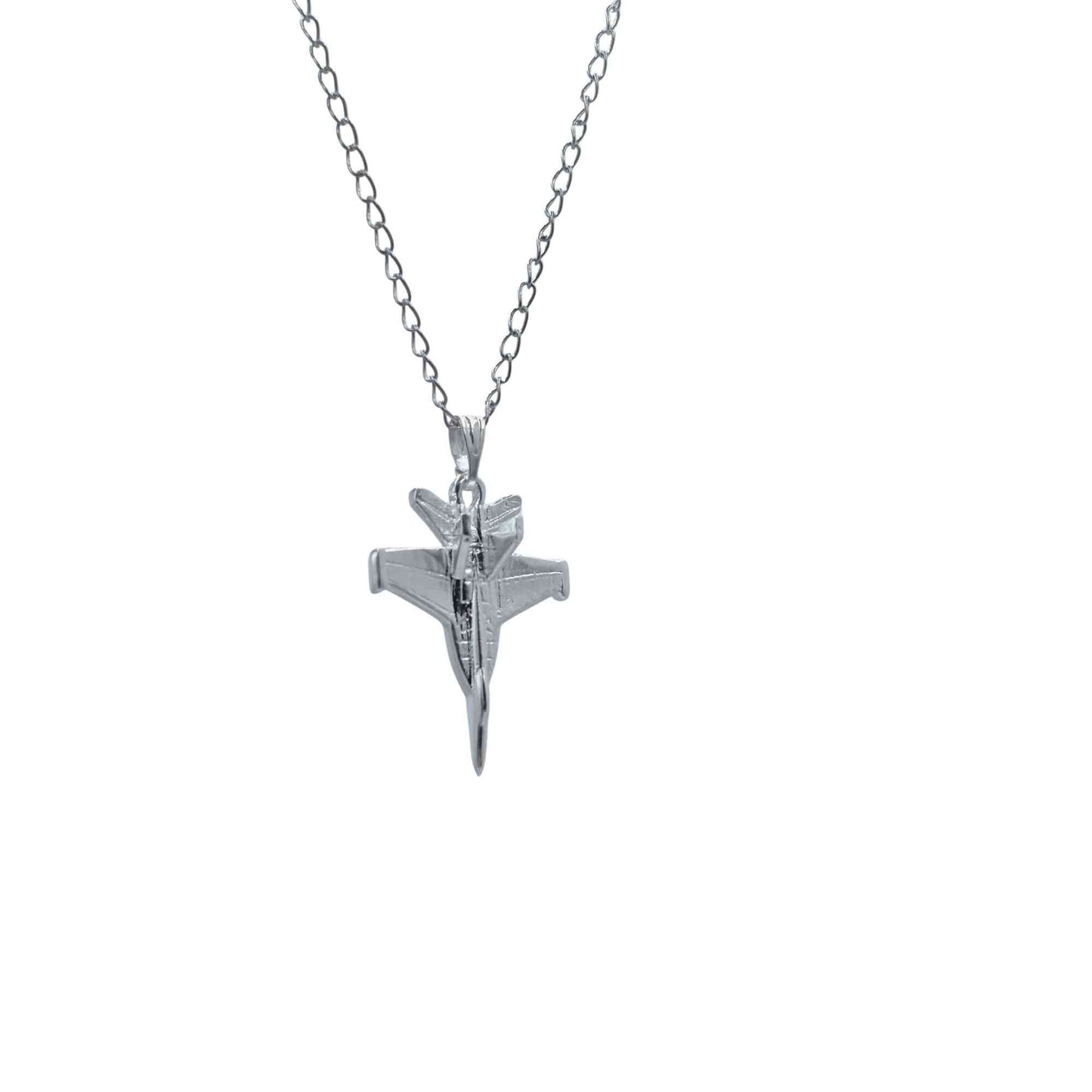Silver airplane pendant on a chain against a white background
