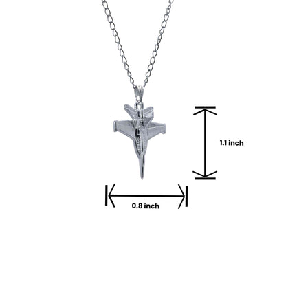 Silver airplane pendant necklace with measurements on a white background