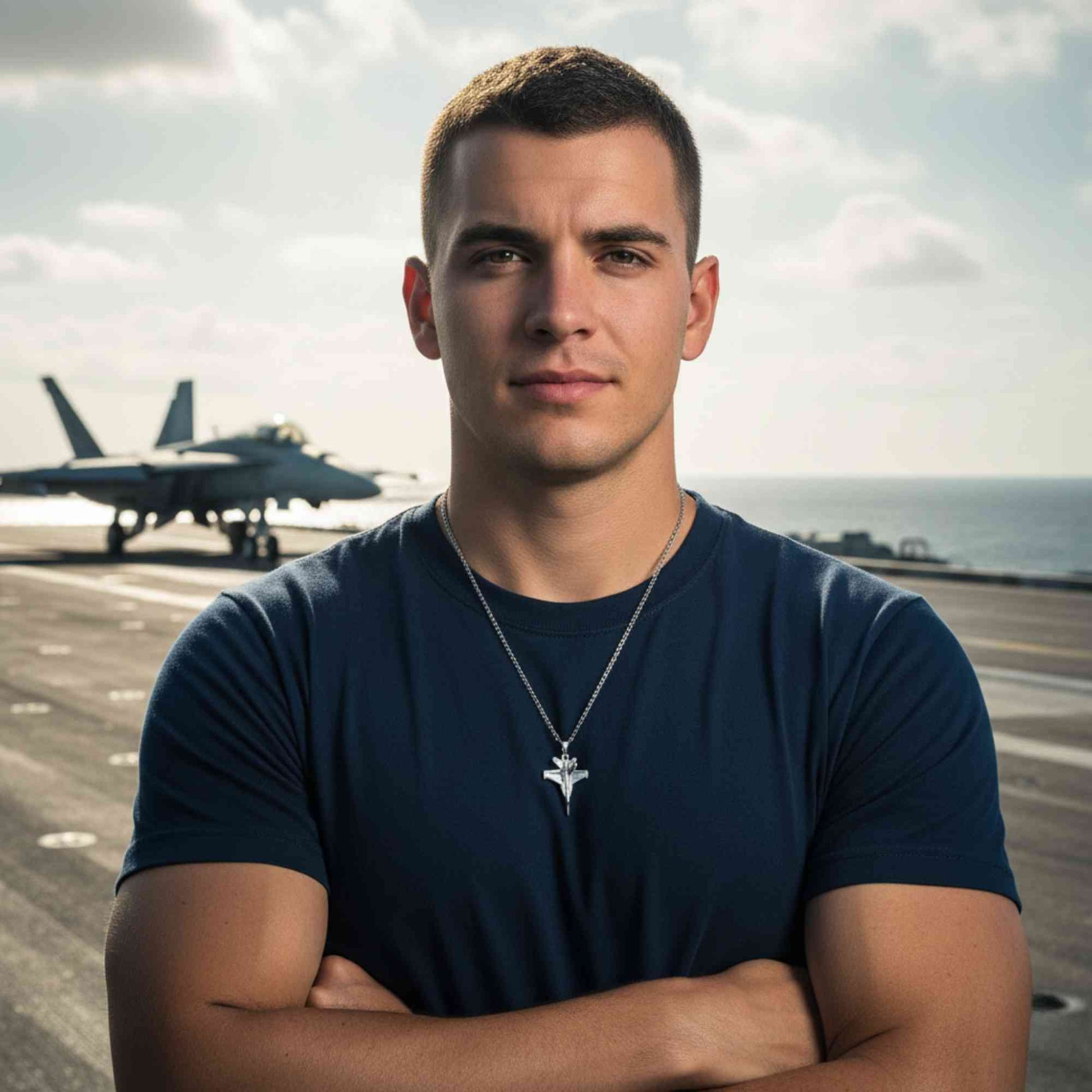 Man standing on an aircraft carrier with fighter jets in the background