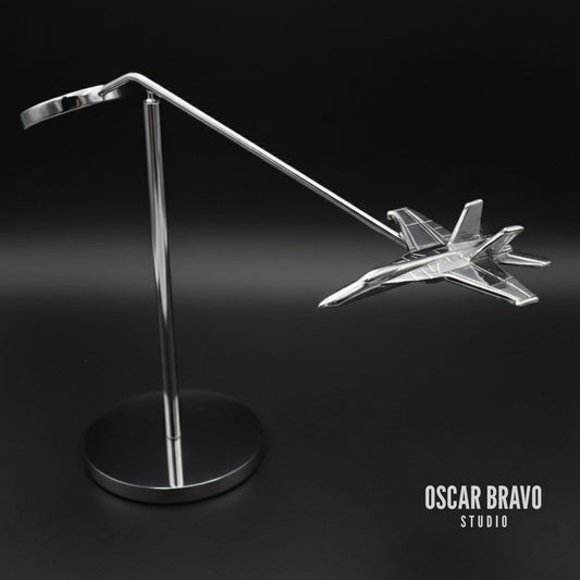 F18 Fighter Jet Scale Model – Chrome Air Force Desktop Airplane Sculpture – Premium Aircraft Desk Decor for Pilots & Collectors – 5 Inch OSCAR BRAVO STUDIO