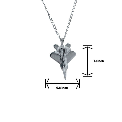 Silver F22 Raptor pendant on a chain with measurements indicated.