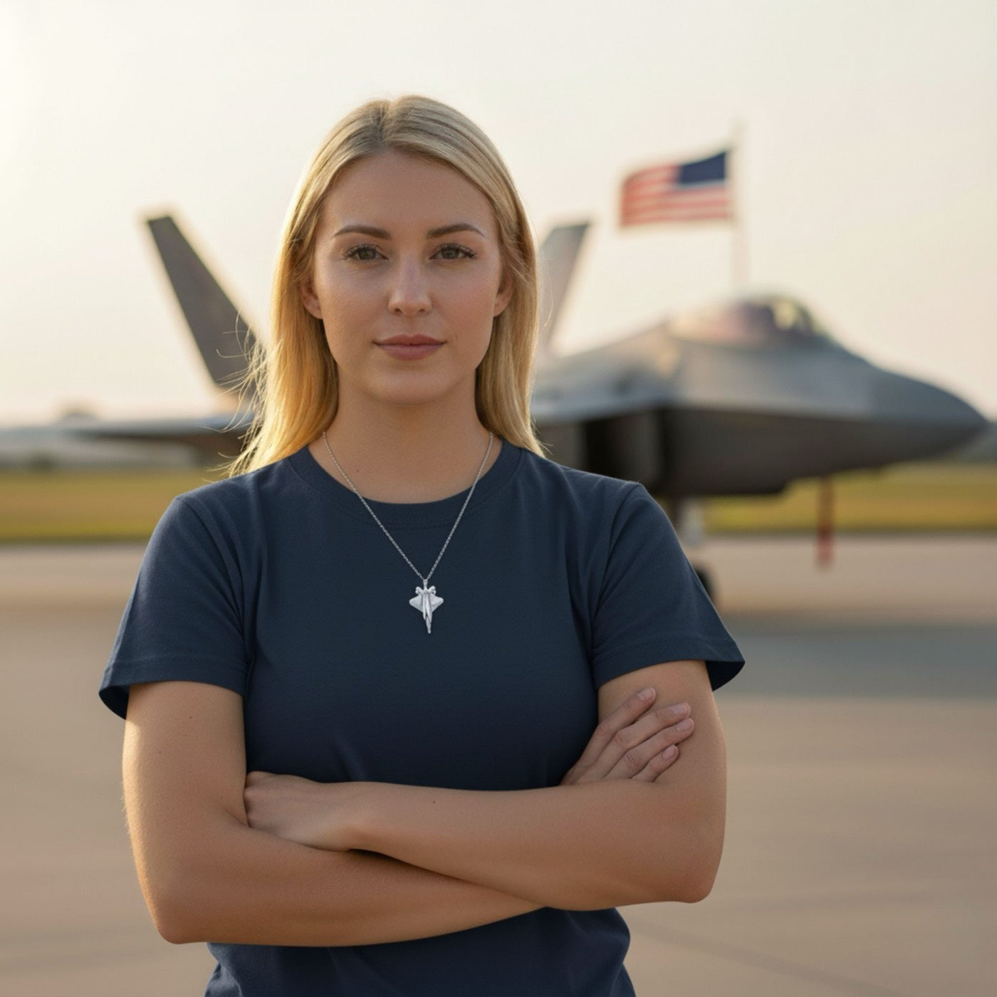 Woman standing with arms crossed in front of a fighter jet and American flag