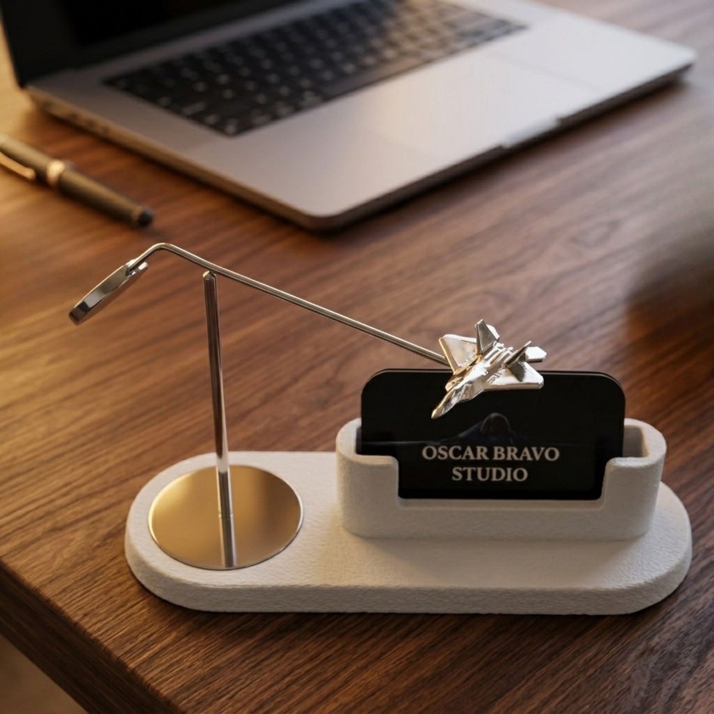 F-22 Raptor Kinetic Business Card Holder | Chrome Brass Fighter Jet Desk Decor OSCAR BRAVO STUDIO