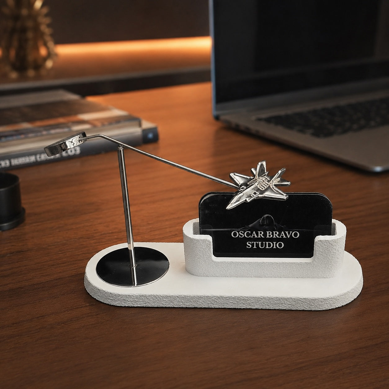 F-35 Lightning II Business Card Holder | Kinetic Chrome Brass Airplane Desk Decor OSCAR BRAVO STUDIO
