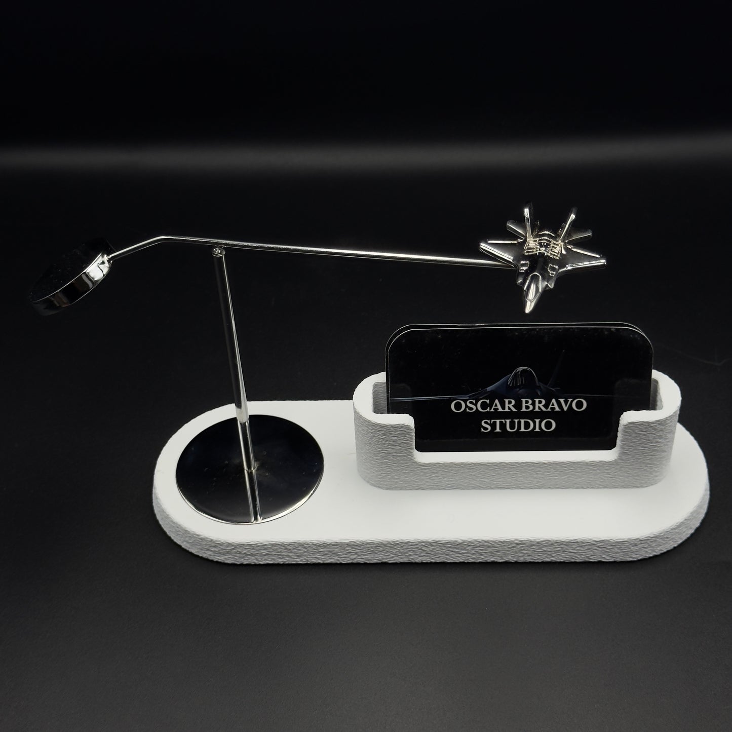 F-35 Lightning II Business Card Holder | Kinetic Chrome Brass Airplane Desk Decor OSCAR BRAVO STUDIO