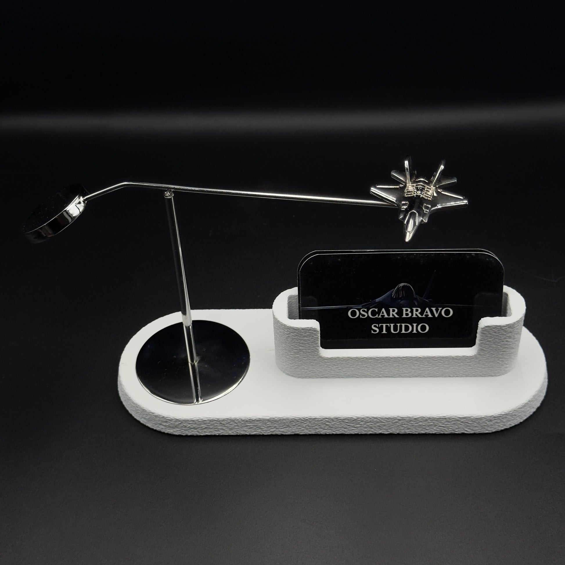 F-35 Lightning II Business Card Holder | Kinetic Chrome Brass Airplane Desk Decor OSCAR BRAVO STUDIO