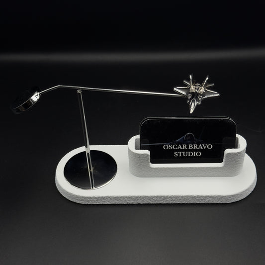 F-35 Lightning II Business Card Holder | Kinetic Chrome Brass Airplane Desk Decor OSCAR BRAVO STUDIO