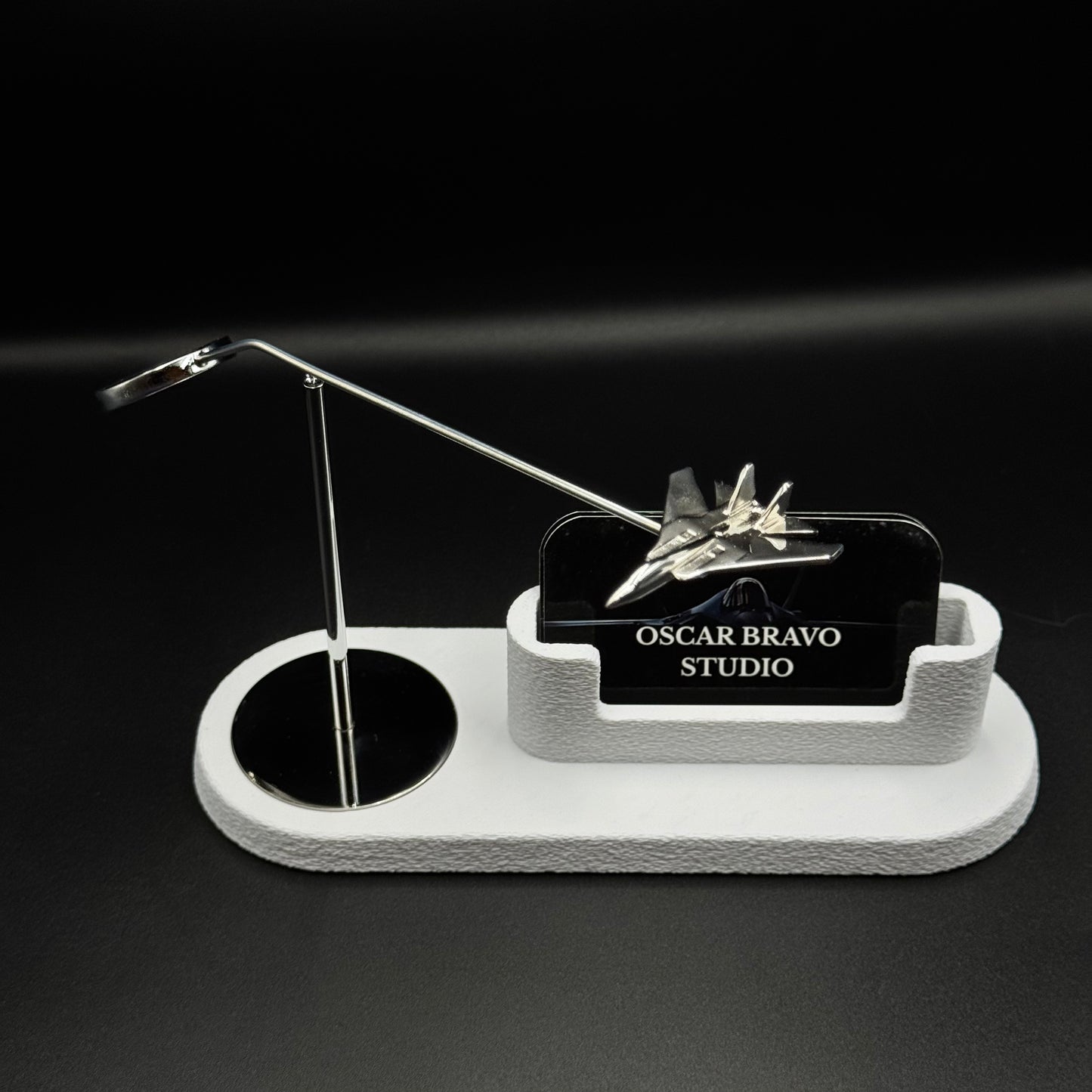 F-14 Tomcat Kinetic Business Card Holder | Chrome Airplane Desk Decor, Pilot Gift OSCAR BRAVO STUDIO