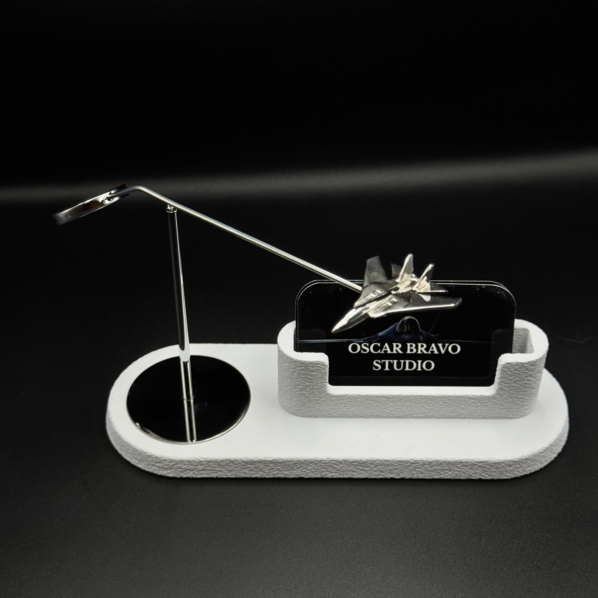 F-14 Tomcat Kinetic Business Card Holder | Chrome Airplane Desk Decor, Pilot Gift OSCAR BRAVO STUDIO