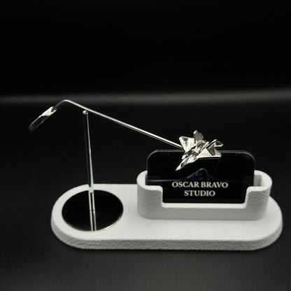 F-22 Raptor Kinetic Business Card Holder | Chrome Brass Fighter Jet Desk Decor OSCAR BRAVO STUDIO
