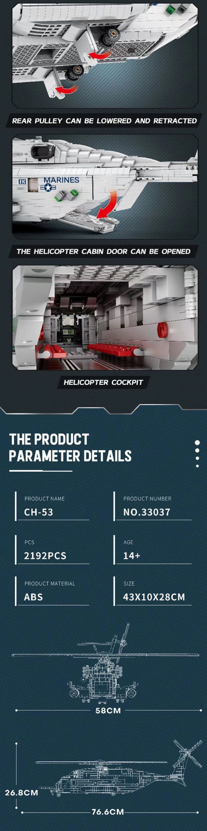 Military CH-53 Transport Helicopter Building Blocks Set | Large Air Force MOC Aircraft Model - 2192 PCS Collectible Display & Gift OSCAR BRAVO STUDIO