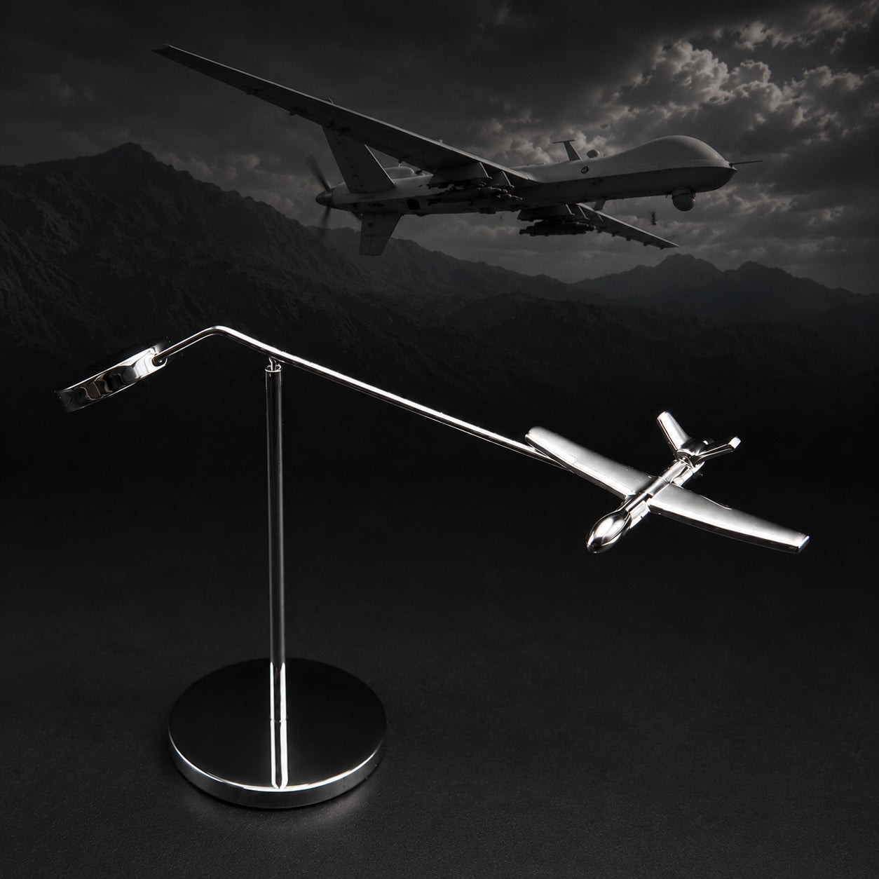 MQ-9 Reaper Kinetic Balance Desk Model — Handmade Solid Brass, Chrome-Plated Aviation Sculpture | Limited Edition OSCAR BRAVO STUDIO