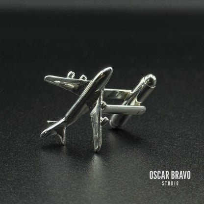 Silver Four Engine Airliner Cufflinks – Handmade Airplane Cuff Links for Pilots & Aviation Enthusiasts OSCAR BRAVO STUDIO