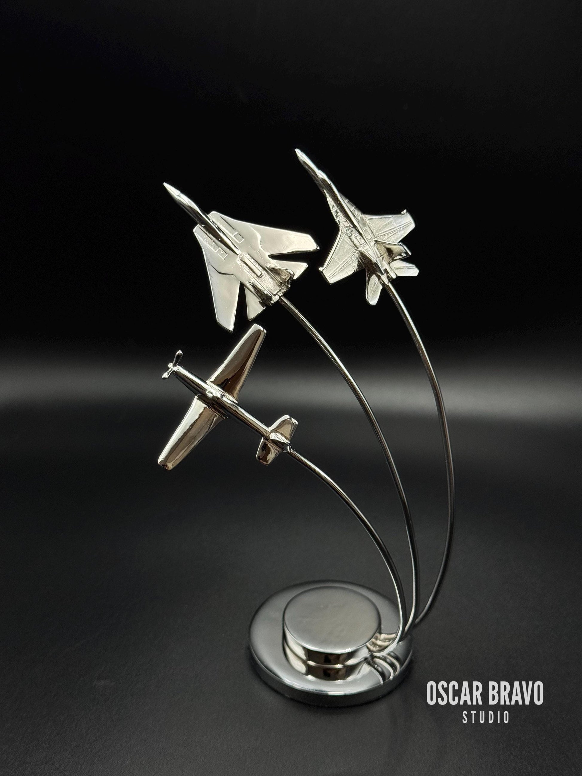 Maverick Edition Chrome Fighter Jet Formation | P-51 Mustang, F-14, F-18 Display OSCAR BRAVO STUDIO