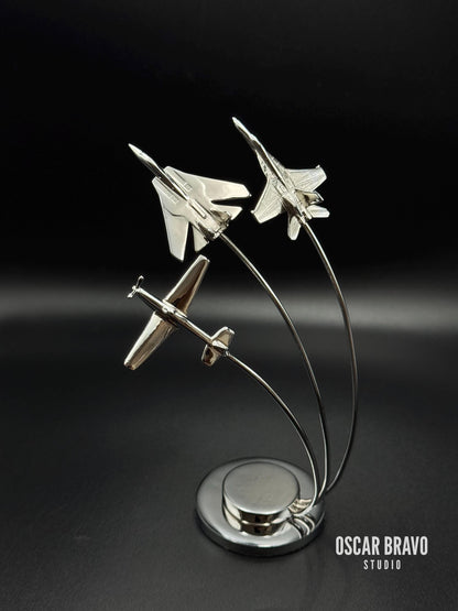 Maverick Edition Chrome Fighter Jet Formation | P-51 Mustang, F-14, F-18 Display OSCAR BRAVO STUDIO