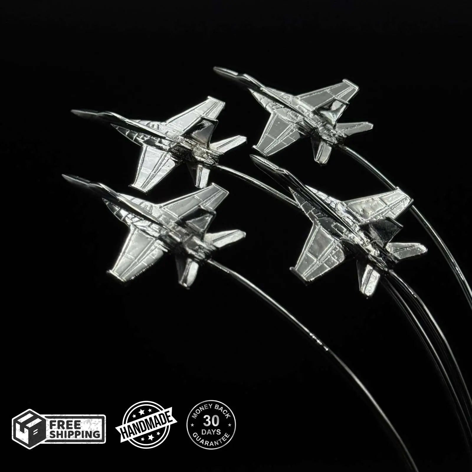 Chrome fighter jet formation desk decor, handcrafted aviation model for pilots and aviation enthusiasts