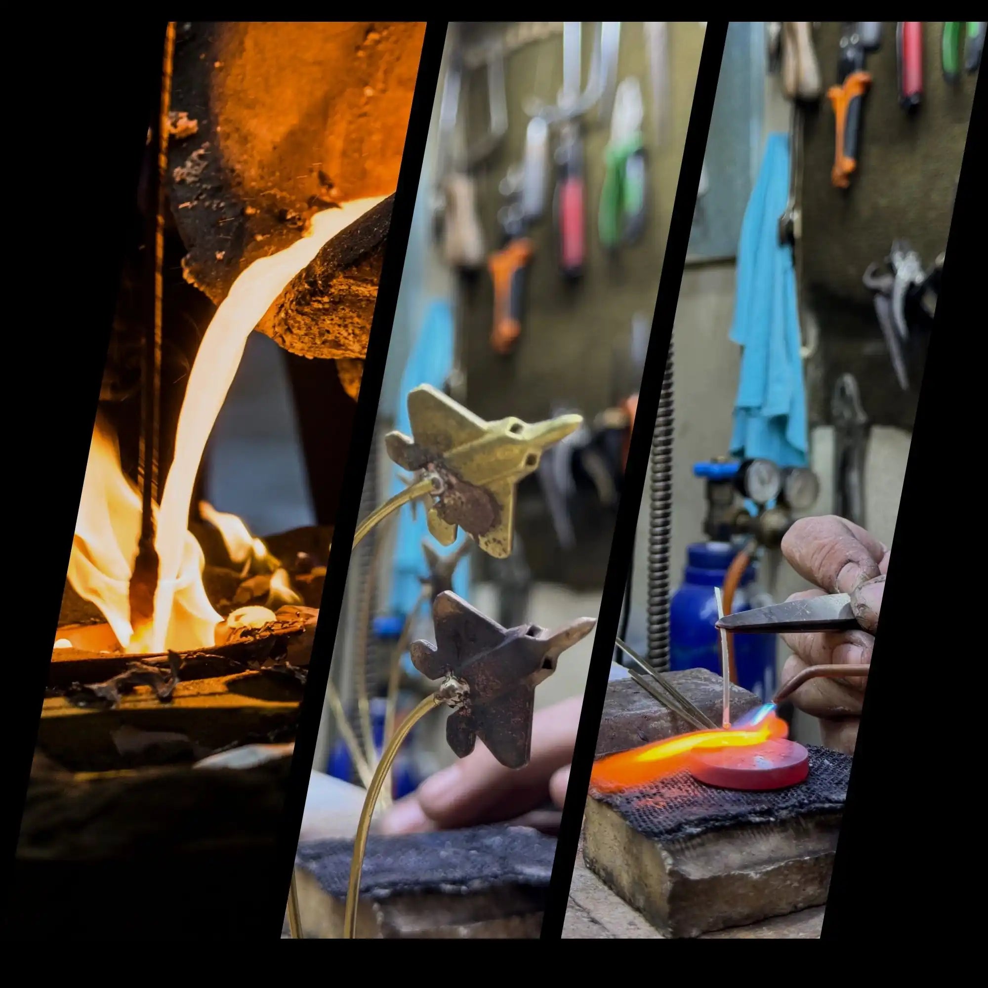 Handcrafted aircraft model production process in workshop, molten metal casting and detailed aviation decor making