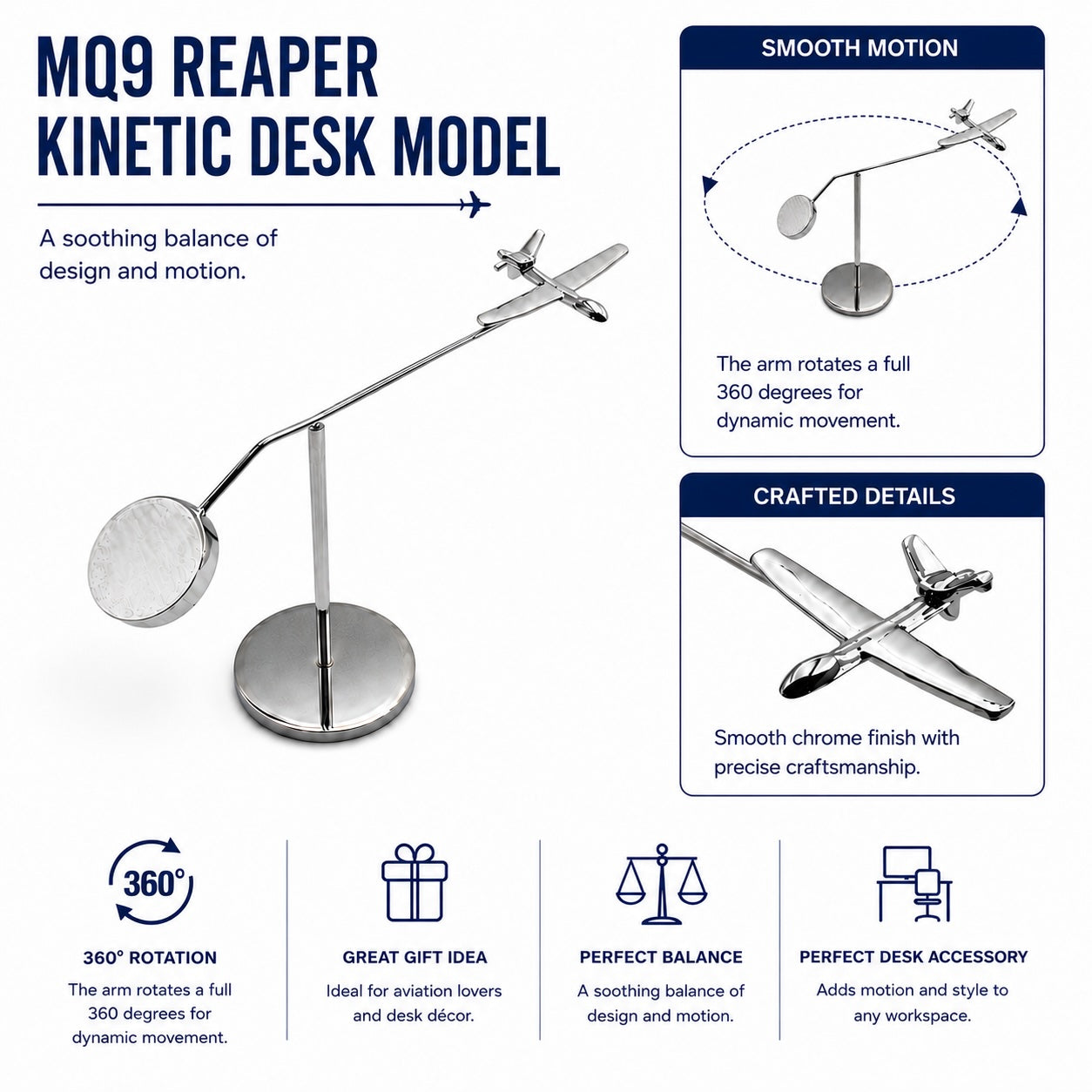 MQ-9 Reaper Kinetic Balance Desk Model — Handmade Solid Brass, Chrome-Plated Aviation Sculpture | Limited Edition OSCAR BRAVO STUDIO