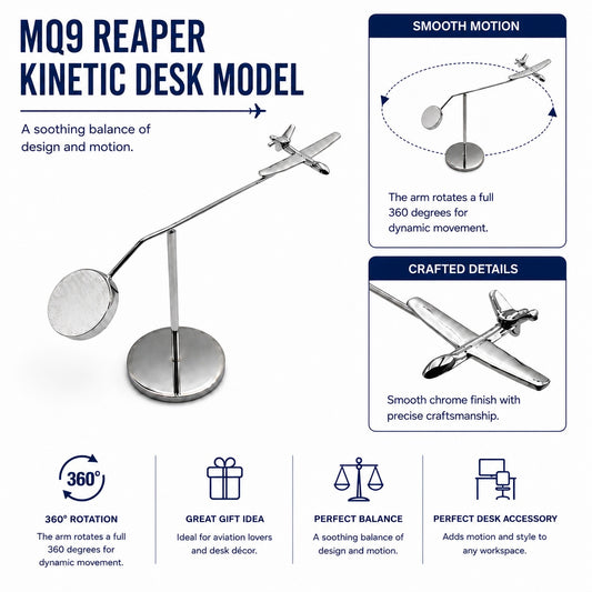 MQ-9 Reaper Kinetic Balance Desk Model — Handmade Solid Brass, Chrome-Plated Aviation Sculpture | Limited Edition OSCAR BRAVO STUDIO