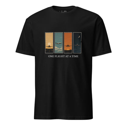 One Flight at a Time unisex aviation t-shirt with retro four-panel flight artwork and vintage serif lettering 