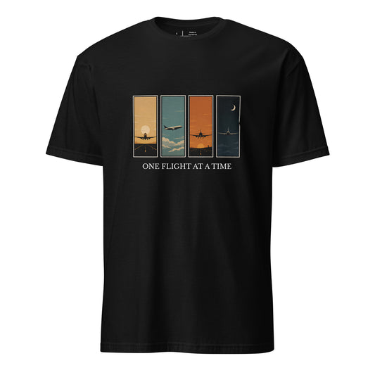 One Flight at a Time unisex aviation t-shirt with retro four-panel flight artwork and vintage serif lettering 